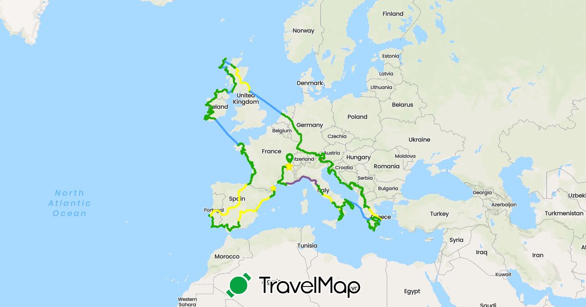 TravelMap itinerary: hiking, voiture, train, vélo, bateau, bus in Spain, France, United Kingdom, Greece, Croatia, Ireland, Italy, Montenegro, Macedonia, Portugal, Slovenia (Europe)
